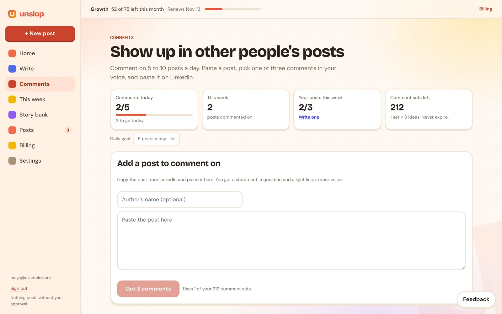 The Comments page with daily goal tiles and the box to paste a post