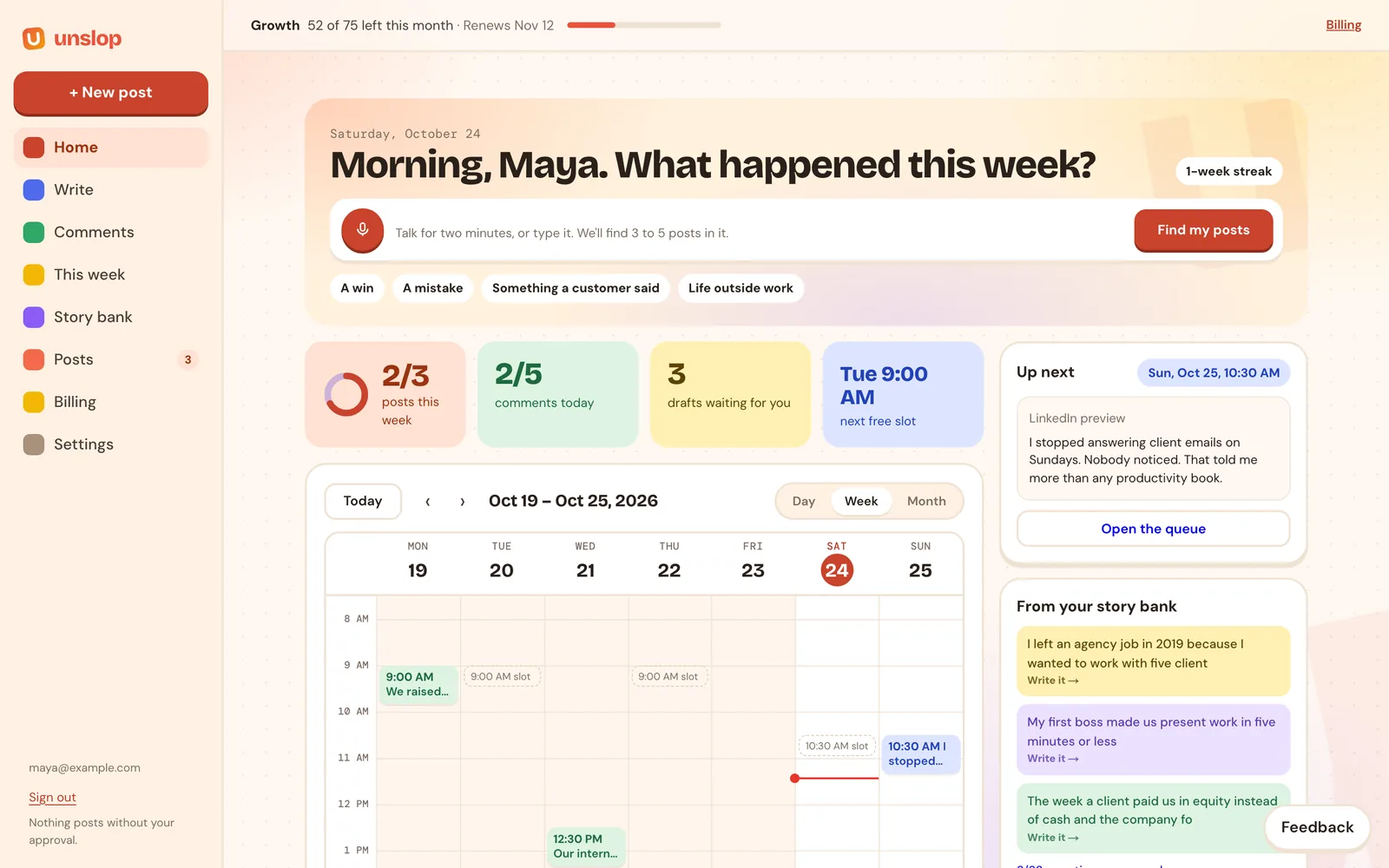 The Unslop home page with weekly stats and the calendar