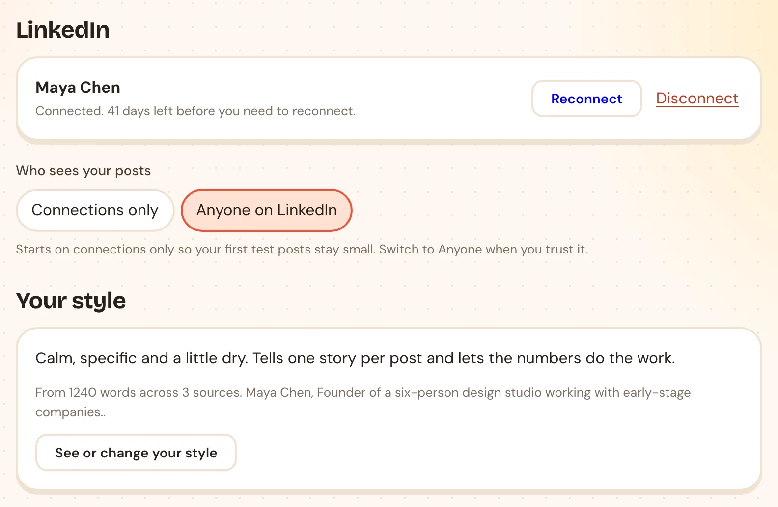 Settings showing a connected LinkedIn account and the style summary