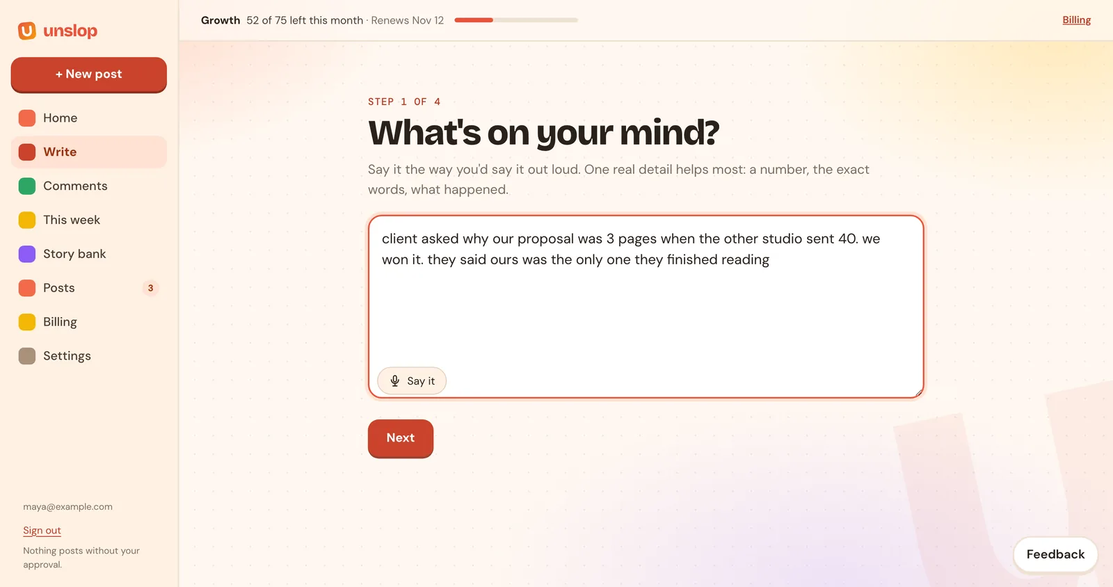 The first writer step with a rough note typed in