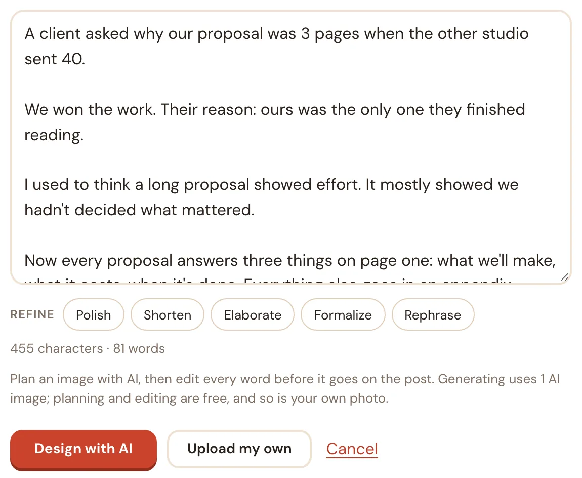 Image options on a draft: Design with AI or Upload my own