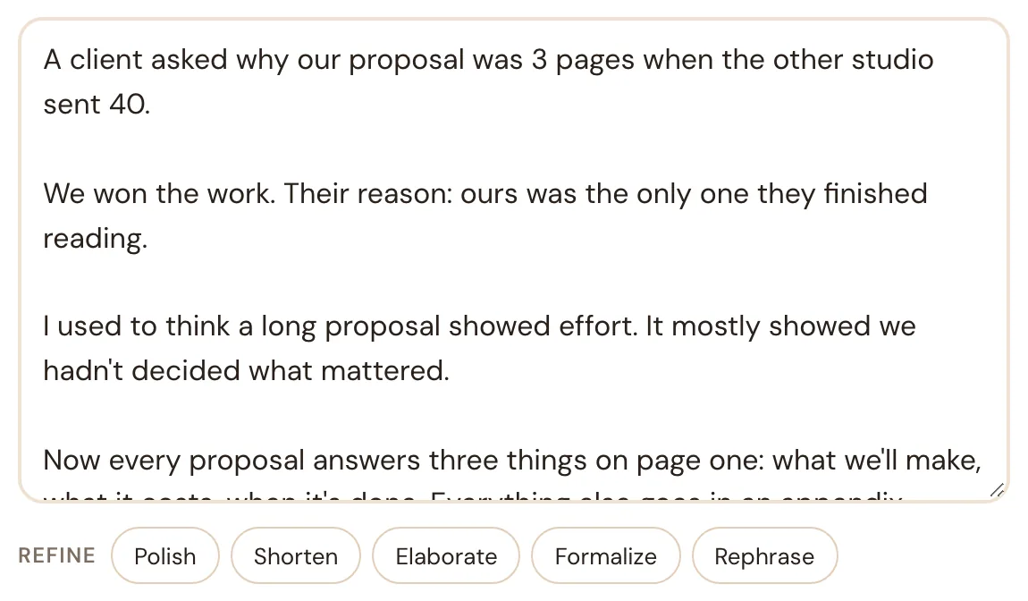 A draft with the Polish, Shorten, Elaborate, Formalize and Rephrase buttons