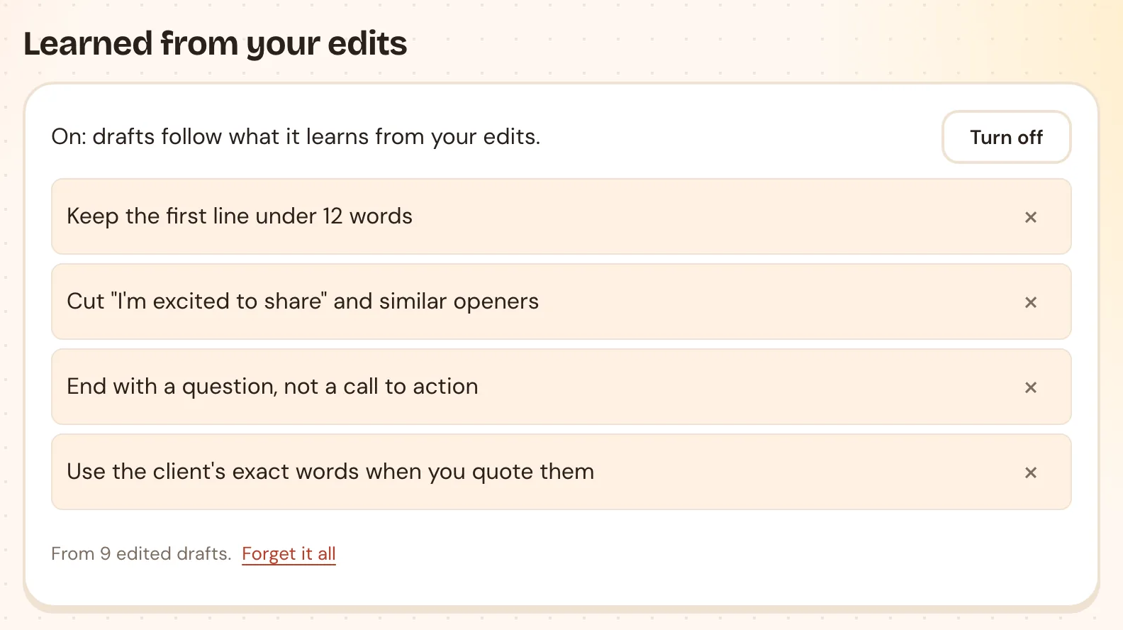 Settings showing the rules Unslop learned from edits